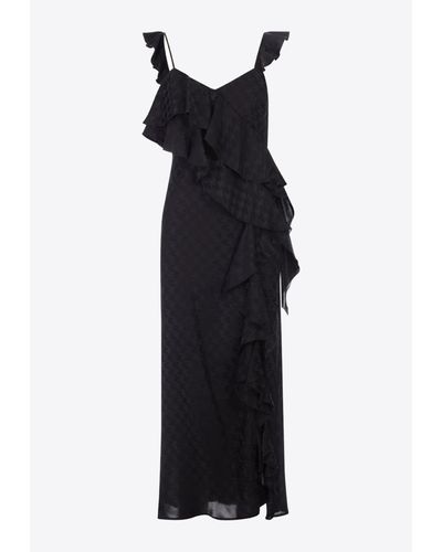 MSGM Jacquard Chiffon Ruffled Midi Dress - Black