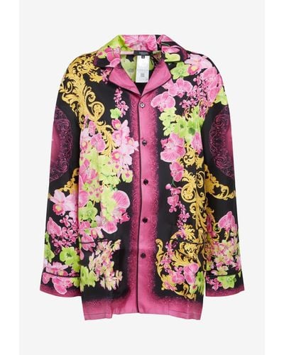 Versace Floral Print Silk Pj Shirt - Pink