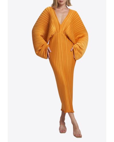 L'idée The Galerie V-Neck Pleated Midi Dress - Orange