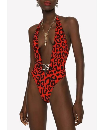 Dolce & Gabbana Leopard-Print One-Piece Swimsuit - Red