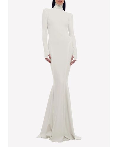 Norma Kamali Turtleneck Open Back Fishtail Gown - White