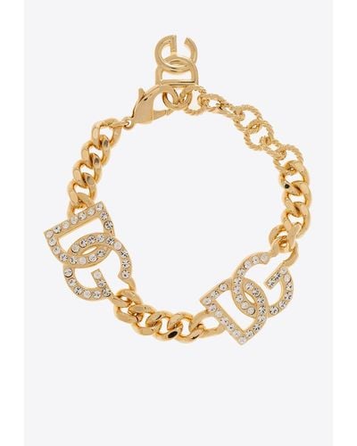 Dolce & Gabbana Interlocking Dg Logo Crystal Embellished Bracelet - Metallic