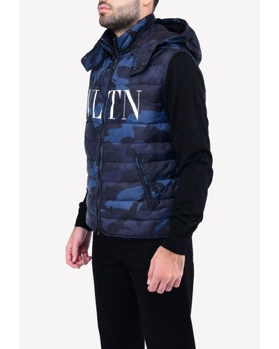 Valentino Camouflage Vltn Print Gilet With Removable Hood- delivery In 3-4 Weeks - Blue
