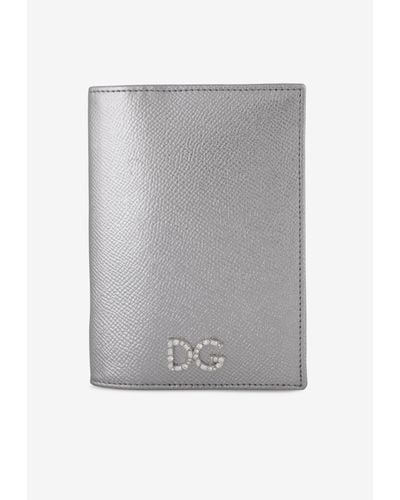 Dolce & Gabbana Laminated Leather Passport Holder With Dg Crystal Logo - Metallic