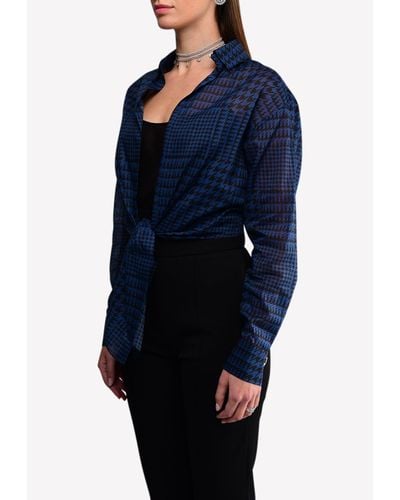 Alexandre Vauthier Houndstooth Print Cotton Front Tie-Up Cropped Shirt - Blue