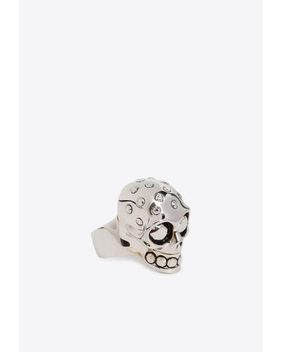 Alexander McQueen Crystal-Embellished Skull Ring - White