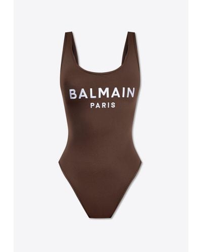 Balmain Logo Embroidered One-Piece Swimsuit - Brown