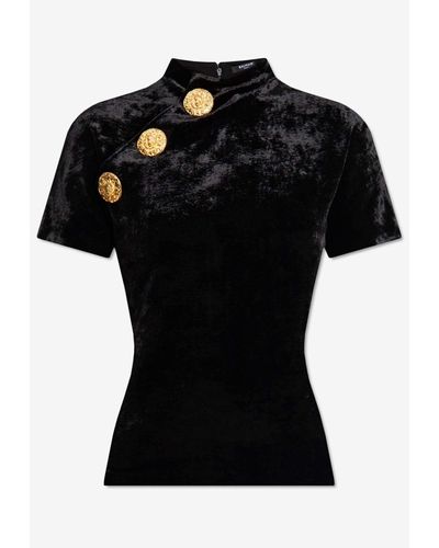 Balmain Button-embellished Velvet Top - Black