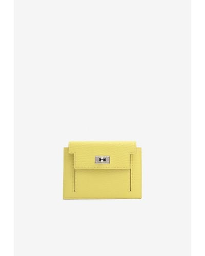 Hermès Kelly Pocket Compact In Lime Chèvre Mysore With Palladium Hardware - Yellow