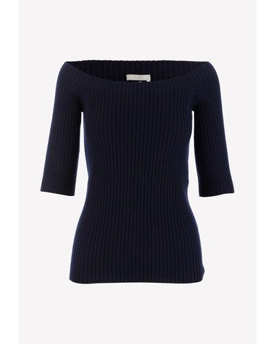 Chloé Off-Shoulder Ribbed Knit Top - Blue