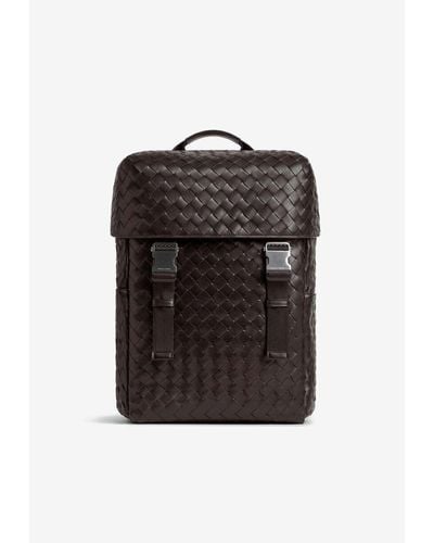 Bottega Veneta Intrecciato Flap Leather Backpack - Black
