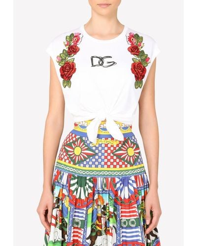 Dolce & Gabbana Raffia Embroidered Self-Tie Cotton Crop Top - White