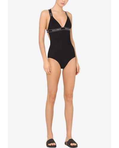 Dolce & Gabbana Plunging Neck One-Piece Logo Swimsuit - Black