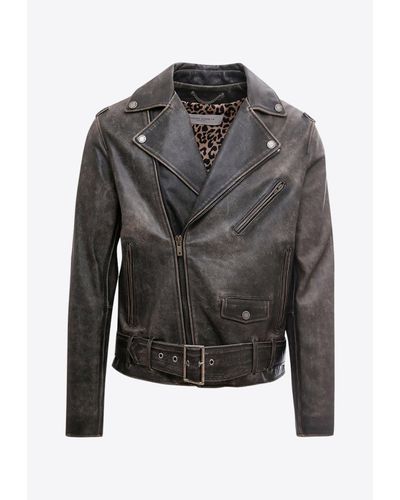 Golden Goose Distressed Leather Biker Jacket - Grey