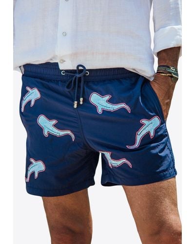 Les Canebiers All-Over Shark Embroidery Swim Shorts - Blue