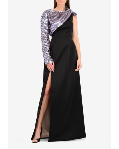 Viktor & Rolf Sequined One-sleeve Gown With Thigh-high Slit - Black