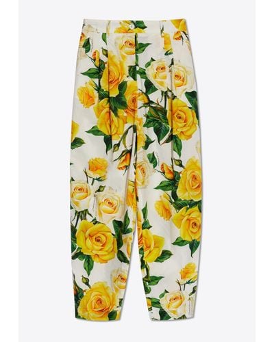 Dolce & Gabbana Rose Print High-Waist Pants - Yellow