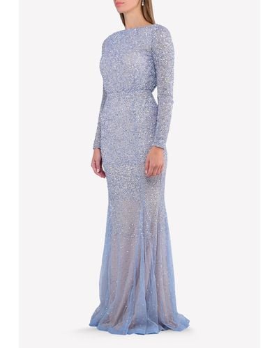 Rachel Gilbert Viera Embellished Floor-Length Gown - Blue
