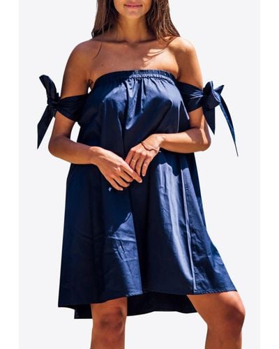 Les Canebiers Marronnier Off-Shoulder Mini Dress With Sleeve Knots - Blue