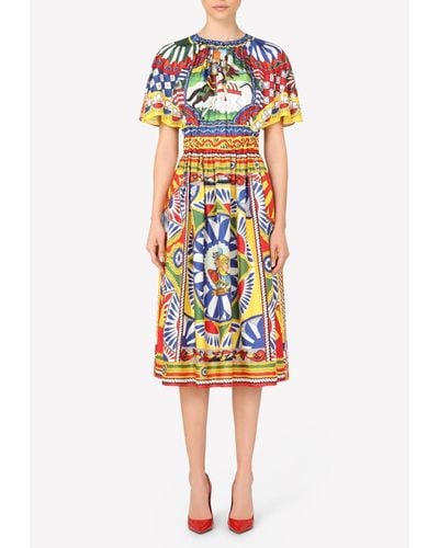 Dolce & Gabbana Carretto Print Ruffled Sleeve Silk Dress - Multicolor