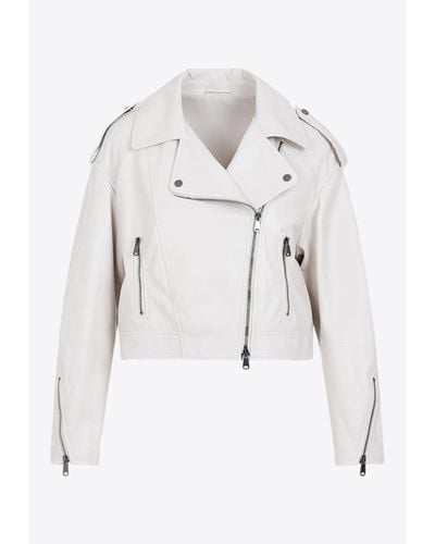 Brunello Cucinelli Cropped Leather Jacket - White