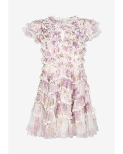 Needle & Thread Wisteria Floral Lace Ruffled Mini Dress - Pink