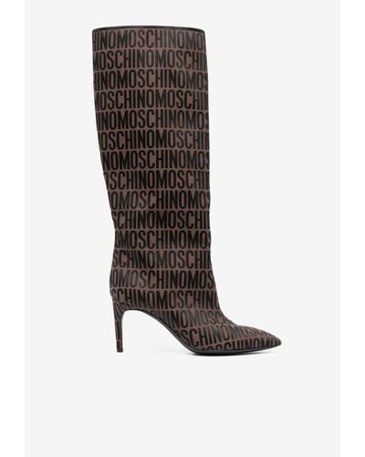 Moschino 75 All-Over Logo Knee-High Boots - Black