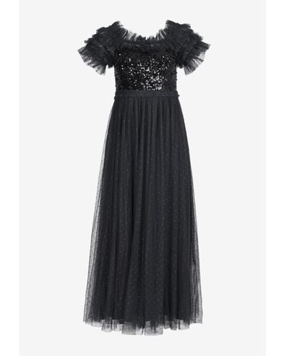 Needle & Thread Sequin Embellished Off-Shoulder Gown - Black