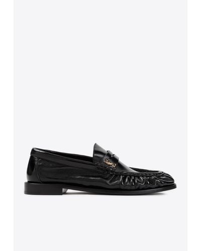 Saint Laurent Penny Loafers In Shiny Creased Leather - Black
