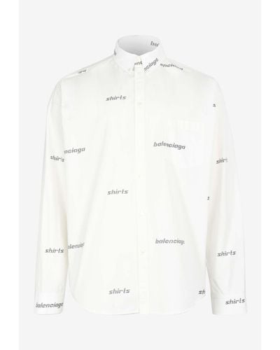 Balenciaga All-over Logo Print Long-sleeved Shirt - Natural