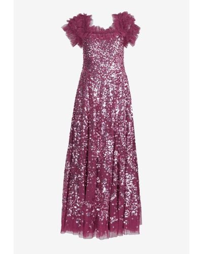 Needle & Thread Sequin Embellished Off-Shoulder Gown - Purple