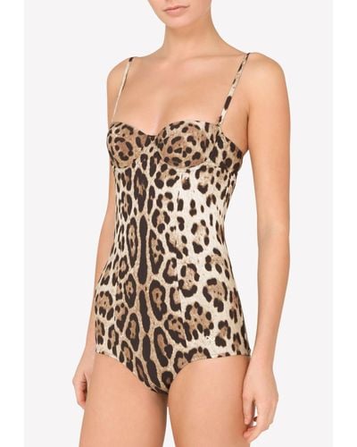 Dolce & Gabbana Leopard Print Bustier One-Piece Swimsuit - Brown