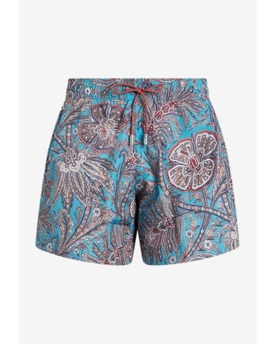 Etro Paisley Foliage Print Swim Shorts - Blue