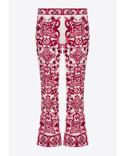 Dolce & Gabbana Majolica Print Silk Cropped Trousers - Red