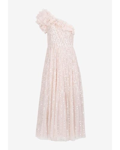 Needle & Thread Raindrop One-Shoulder Sequined Gown - Pink