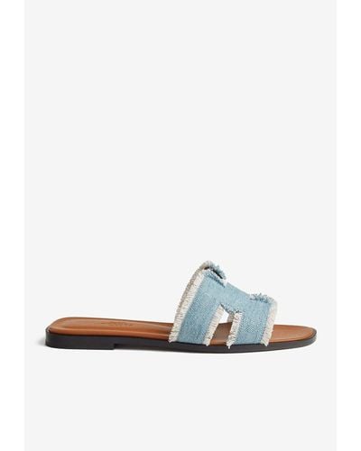 Hermès Oran H Cut-out Sandals In Fringed Denim - White