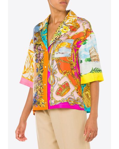 Moschino Scarf Print Short-Sleeved Silk Shirt - Multicolor