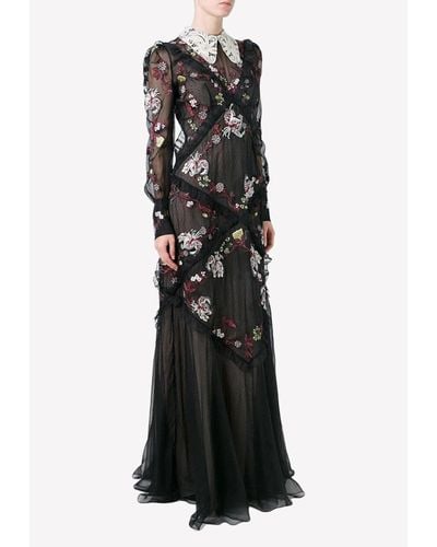 Erdem Floral Tulle Long Dress - Black