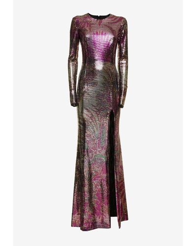 Etro Long-sleeved Maxi Dress With Geometric Printed Micro Plates - Purple