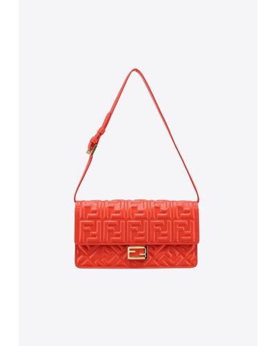 Fendi Baguette Embossed Leather Chain Clutch - Red