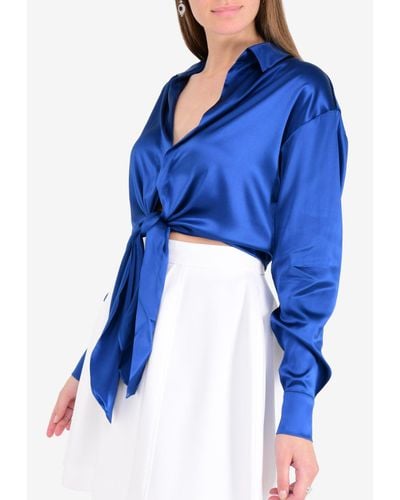 Alexandre Vauthier Silk Satin Tie-Up Crop Shirt - Blue
