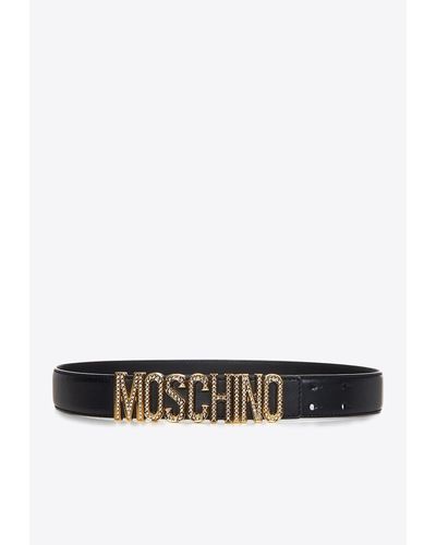 Moschino Crystal Embellished Logo Leather Belt - White