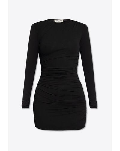 Saint Laurent Crewneck Draped Mini Dress - Black
