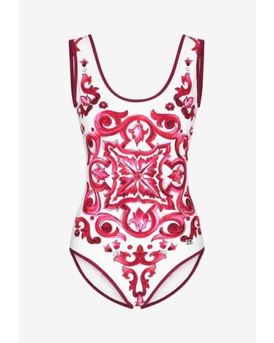 Dolce & Gabbana Majolica Print One-Piece Swimsuit - Red