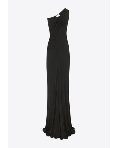 Saint Laurent One-Shoulder Ruched Gown - Black
