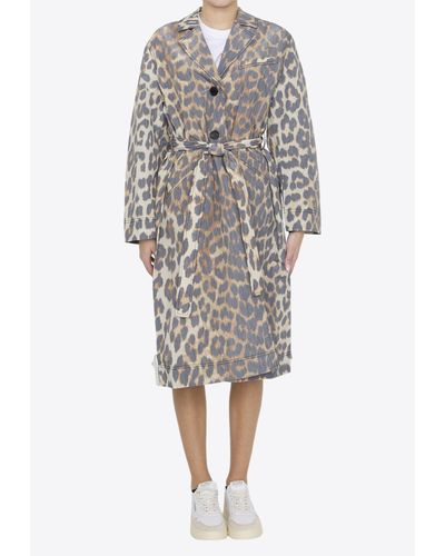 Ganni Leopard Print Coat - Gray