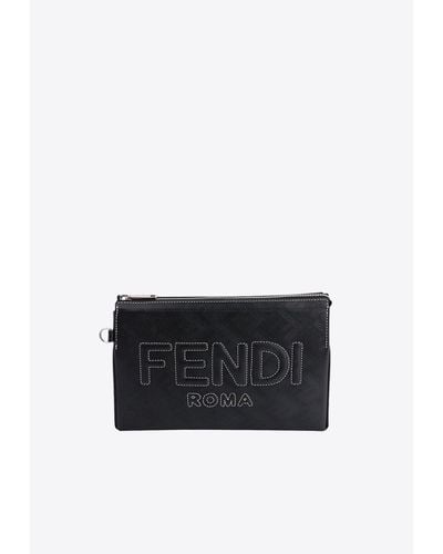 Fendi Logo-Embroidered Pouch Bag - White