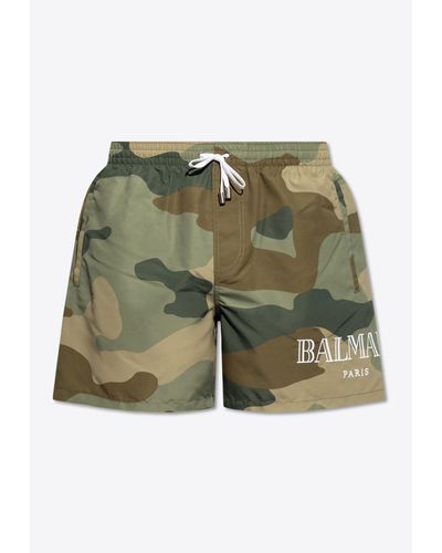 Balmain Camouflage Logo Swim Shorts - Green