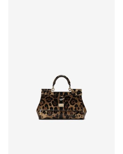 Dolce & Gabbana Small Sicily Leopard Print Top Handle Bag - Brown