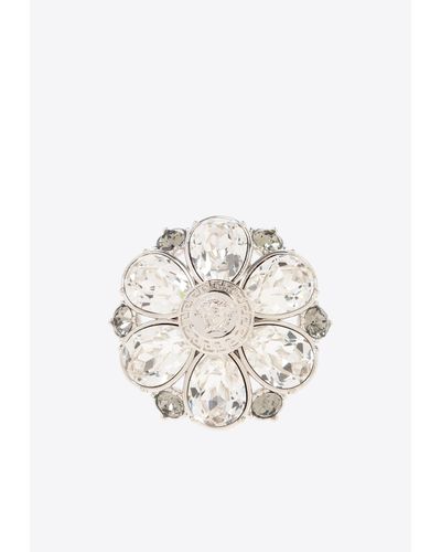 Versace Crystal Floral Motif Ring - White
